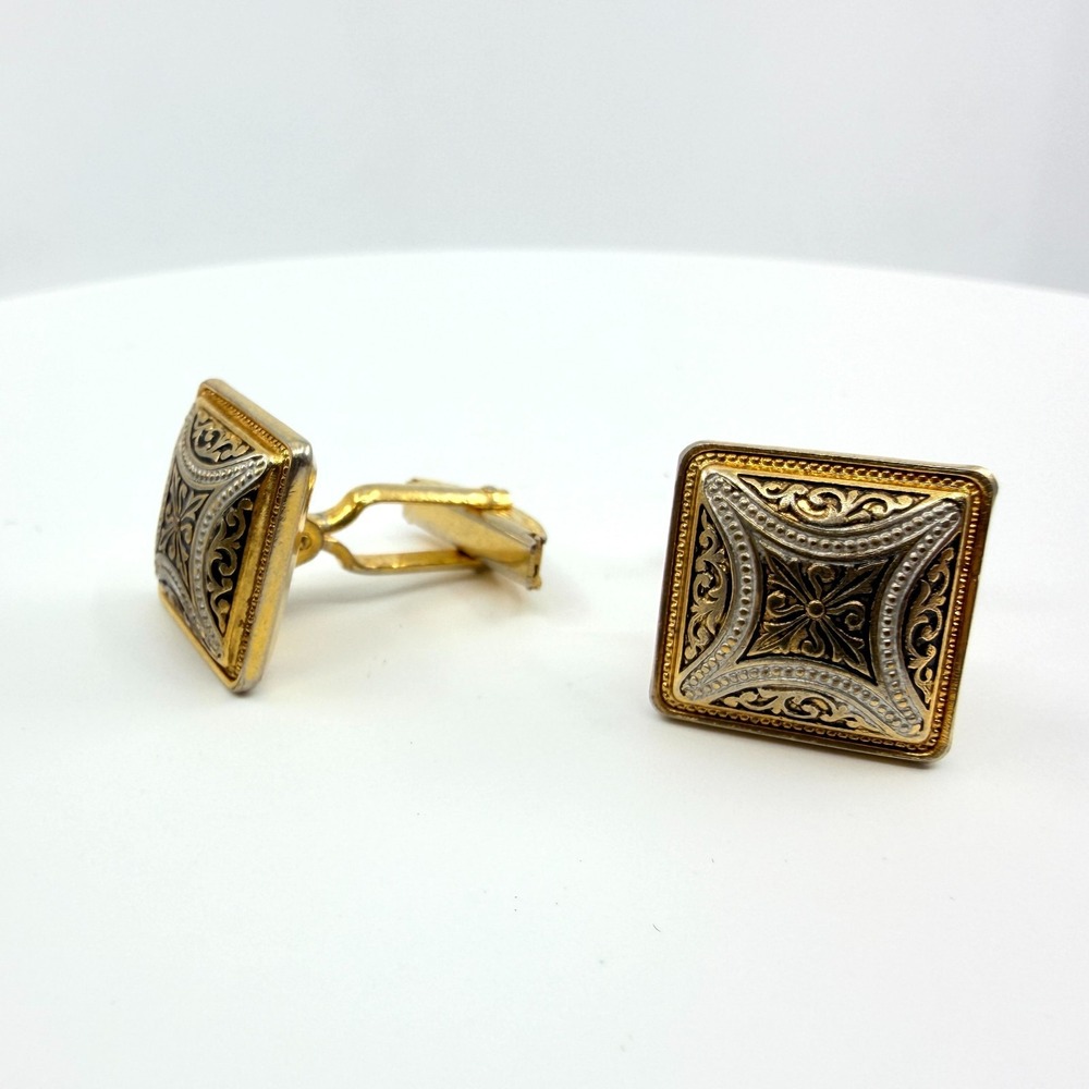 Vintage Damascene Style Mixed Metal Cufflinks Two Tone Gold & Silver Tone Square